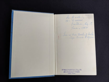 inscription from a previous owner on front endpaper inside a First Edition copy of The White Witch 1958 by Elizabeth Goudge published in London by Hodder & Stoughton