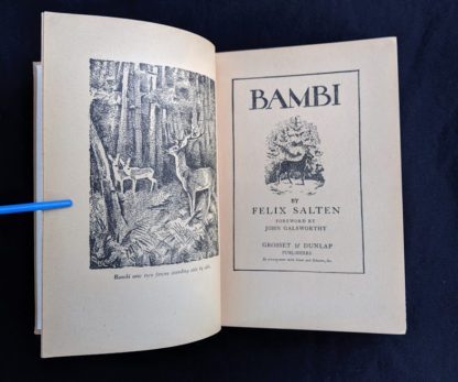 title page in a 1929 copy of Bambi by Felix Salten published by Grosset & Dunlap