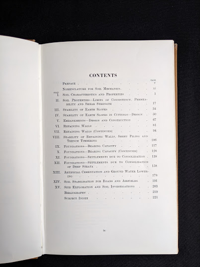 Contents page inside a 1959 textbook Practical Problems in Soil Mechanics- third edition- by Henry R. Reynolds and P. Protopapadakis