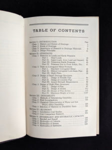 Table of Contents 1 of 2 in a 1950 copy of Handbook of Culvert & Drainage Practice - ARMCO Products