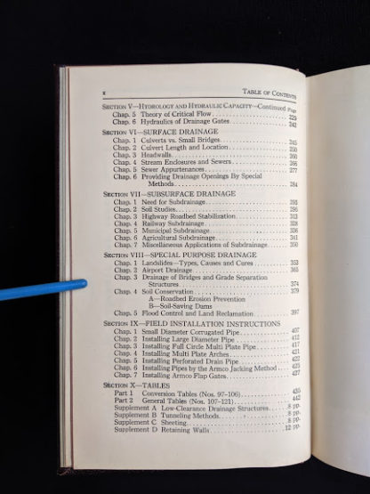 Table of Contents 2 of 2 in a 1950 copy of Handbook of Culvert & Drainage Practice - ARMCO Products