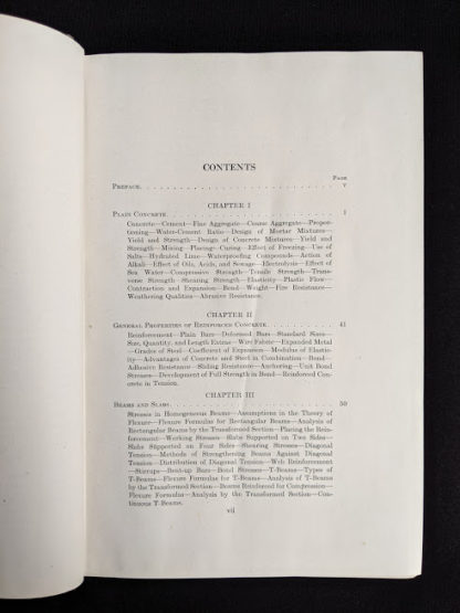 Table of Contents pg 1 of 2 in a 1940 copy of Design of Concrete Structures 4th Edition by Leonard Church Urquhart and Charles Edward O'Rourke