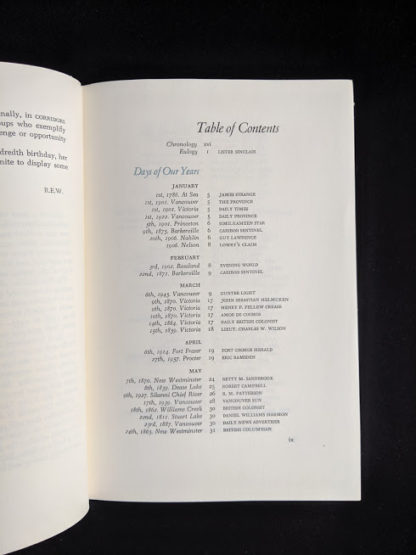 Table of Contents pg 1 of 3 in a 1958 first edition copy of British Columbia -A Centennial Anthology