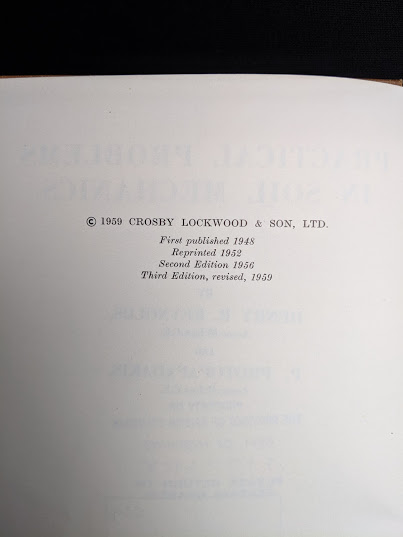 copyright page up close inside a 1959 textbook Practical Problems in Soil Mechanics- third edition- by Henry R. Reynolds and P. Protopapadakis