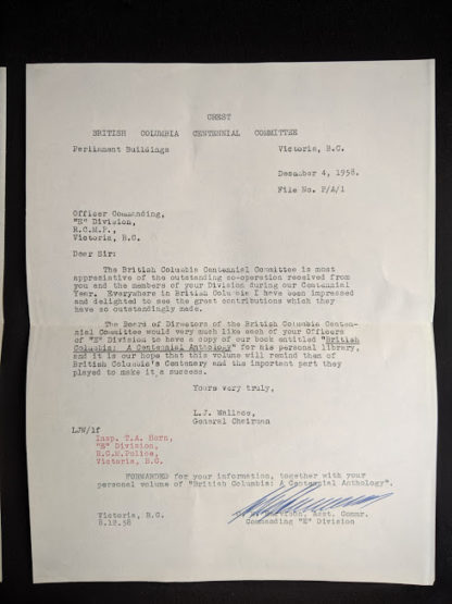 draft copy of a letter signed from the general chairman of the British Columbia Centennial Committee to the Victoria RCMP inside a 1958 first edition copy of British Columbia -A Centennial Anthology