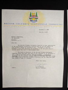 letter signed from the general chairman of the British Columbia Centennial Committee to the Victoria RCMP found inside a 1958 first edition copy of British Columbia -A Centennial Anthology