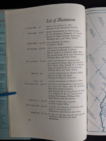 list of illustrations page in a 1958 first edition copy of British Columbia -A Centennial Anthology