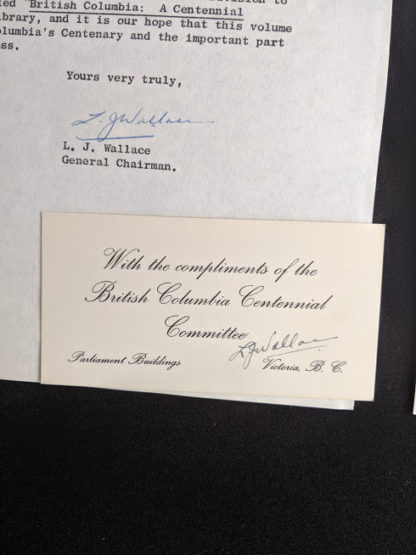 signed ephemera from the Chairman of the Centennial Committee inside a 1958 first edition copy of British Columbia-A Centennial Anthology