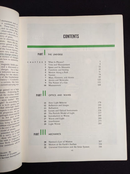 Contents page 1 of 2 in a 1960 copy of Physics - Physical Science Study Committee - First Edition