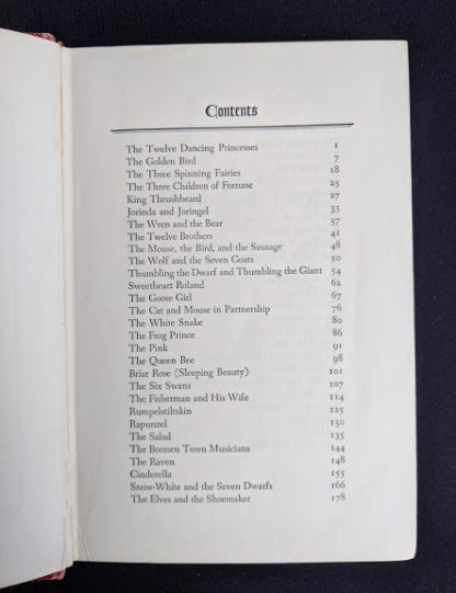 Contents page 1 of 2 inside a 1945 Grimms Fairy Tales By the Brothers Grimm published by Grosset & Dunlap