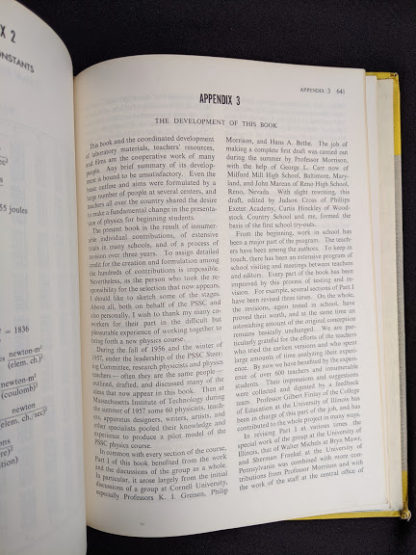 Development of this book pages inside a 1960 copy of Physics - Physical Science Study Committee - First Edition