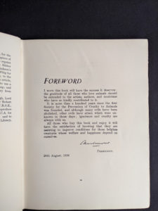 Forward inside a 1936 First Edition copy of The Tree - The Centenary Book of the Ulster Society for the Prevention of Cruelty to Animals 1836-1936