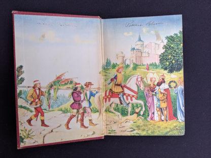 colorful front pastedown and endpaper inside a 1945 Grimms Fairy Tales By the Brothers Grimm published by Grosset & Dunlap