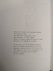 copyright inside a 1962 copy of The Wizard of Oz published by Macmillan Company with illustrations by Denslow