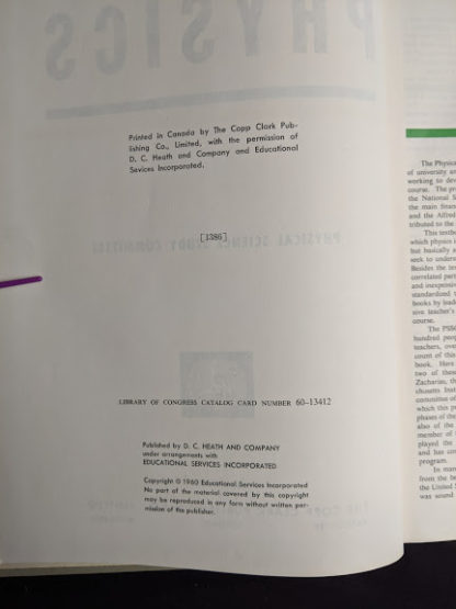 copyright page in a 1960 copy of Physics - Physical Science Study Committee -First Edition