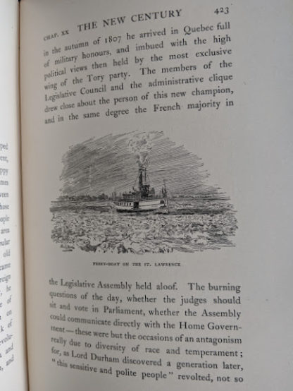 illustration up close of a ferry boat on the St Lawrence in a 1904 copy of Old Quebec - The Fortress of New France by Gilbert Parker and Claude G Bryan