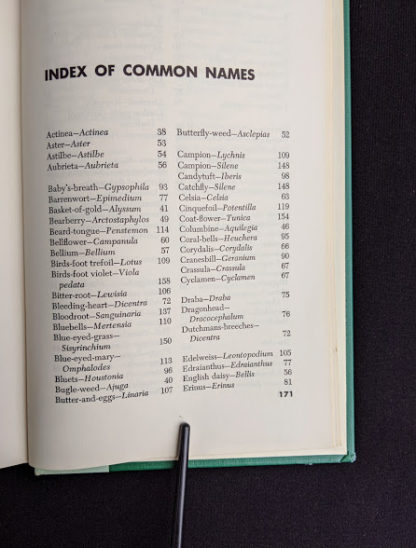 1959 copy of Rock Garden Plants - New Ways to Use Then Around Your Home by Doretta Klaber - Index of Common Names at back of book