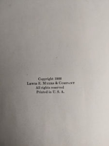 copyright up close inside a 1926 copy of Master Book 1 - Beginning the Use of Tools and Materials Published by Lewis E Myers & Company