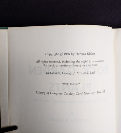 stated first edition in a 1959 copy of Rock Garden Plants - New Ways to Use Then Around Your Home by Doretta Klaber