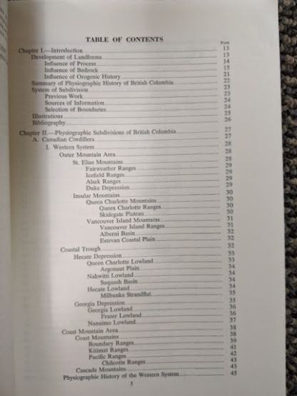 Table of Contents page 1 of 3 inside a 1964 copy of Landforms of British Columbia - A Physiographical Outline by Stuart S. Holland