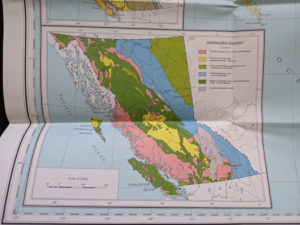 generalized geology image on a map inside a copy of 1964 Landforms of British Columbia - A Physiographical Outline by Stuart S. Holland