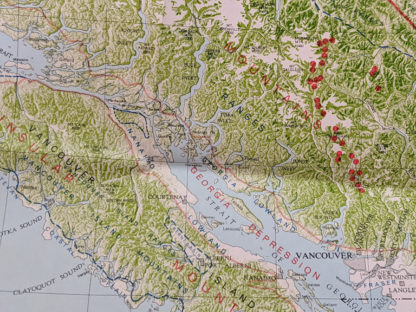 up close on a 1964 physiographic map of Landforms of British Columbia