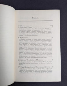 Contents page 1 of 4 inside a 1948 copy of Hydraulics by George Russell - 5th edition