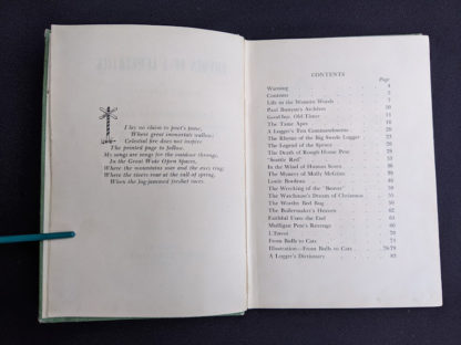 Contents page inside a 1943 copy of Rhymes of a Lumberjack by Robert E. Swanson