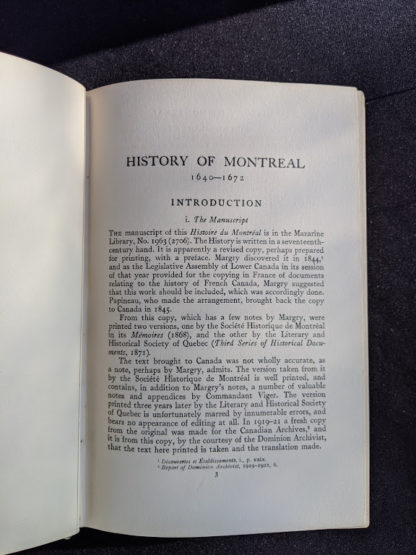 Introduction inside a 1928 limited edition of Montreal 1640-1672 - From the French of Collier De Casson