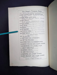Other books in the series inside a 1915 copy of Marys Meadow and Other Tales of Field Flowers by Juliana Horatia Ewing