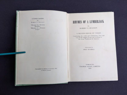 Title page inside a 1943 copy of Rhymes of a Lumberjack by Robert E. Swanson