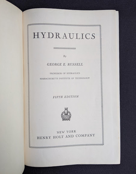 title page inside a 1948 copy of Hydraulics by George Russell - 5th edition