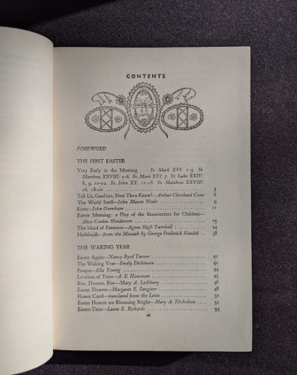 Contents page 1 of 3 inside a 1952 copy of The Easter Book Of Legends And Stories - fourth Edition -illustrated by Pamela Bianco