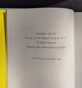 copyright page inside a of a 1952 copy of The Easter Book Of Legends And Stories - fourth Edition -illustrated by Pamela Bianco