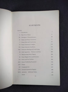 Contents page inside a 1948 copy of Steam, Air And Gas Power by Severns And Degler 4th Edition