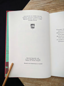 copyright page inside a 1961 copy of The House at Pooh Corner by A.A. Milne