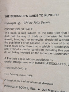 copyright page up close inside a 1975 copy of The Beginners Guide to KUNG-FU by Felix Dennis & Paul Simmons - First Printing