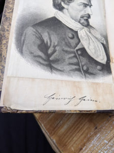 writing under a drawing inside a 1870 copy of Sämtliche Werke - Heinrich Heine - German Book