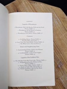 Contents page 1 of 3 - 1985 Legends from the Forest told by Thomas Fiddler and edited by James R Stevens