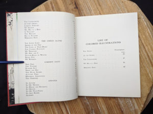 Contents page 2 of 2 and illustration page inside a 1932 copy of A Childs Garden of Verses by Robert Louis Stevenson - popular edition