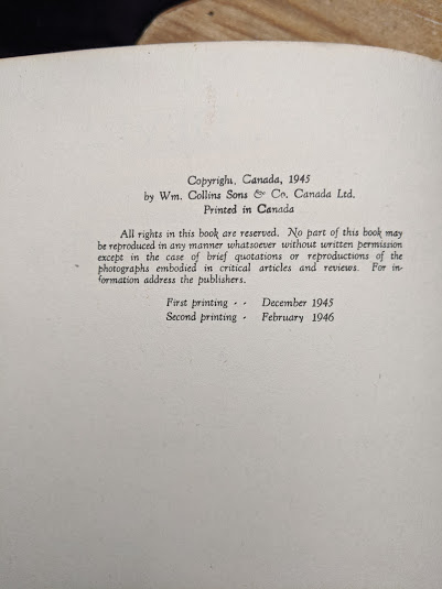 Copyright inside a 1946 copy of Saints Devils and Ordinary Seamen Life on the Royal Canadian Navys Lower Deck - second printing