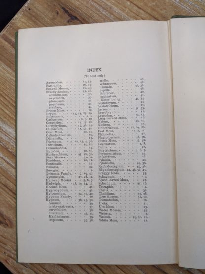 Index inside a 1900 copy of Mosses with a Hand-Lens - A Non - Technical Handbook of the More Recognized Mosses of the North-Eastern United States - By A J Grout