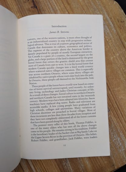Introduction page inside a 1985 copy of Legends from the Forest told by Thomas Fiddler edited by James R Stevens