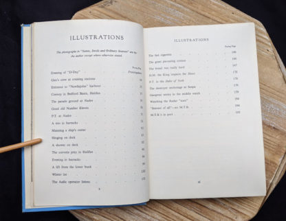 List of illustrations inside a 1946 copy of Saints Devils and Ordinary Seamen Life on the Royal Canadian Navys Lower Deck - second printing