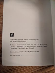 copyright page inside a 1985 copy of Legends from the Forest told by Thomas Fiddler - edited by James R Stevens