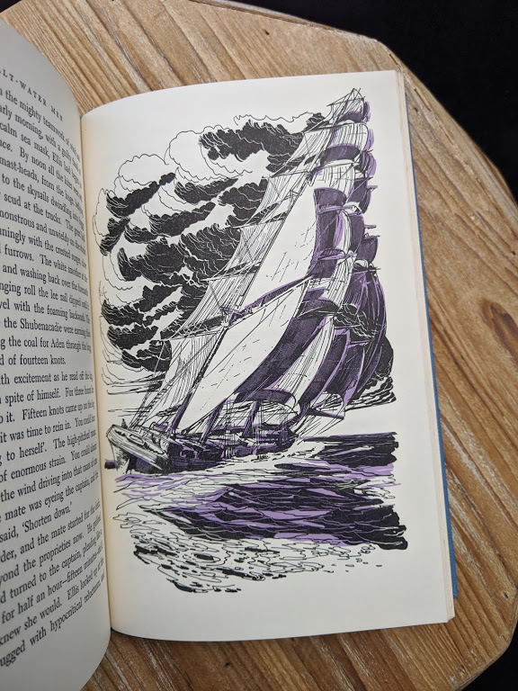 illustration of a ship in a storm - inside a 1960 copy of The Salt Water Men - Canadas Deep Sea Sailors by Joseph Schull
