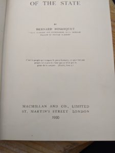 Title page up close inside a 1930 copy of The Philosophical Theory of the State by Bernard Bosanquet