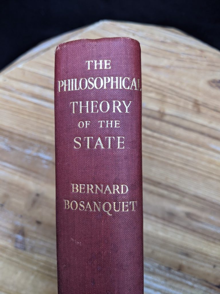 Upper Spine view - 1930 copy of The Philosophical Theory of the State by Bernard Bosanquet - signed by H. S. Harris