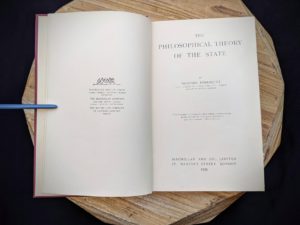 title page inside a Signature of H. S. Harris up close inside a 1930 copy of The Philosophical Theory of the State by Bernard Bosanquet