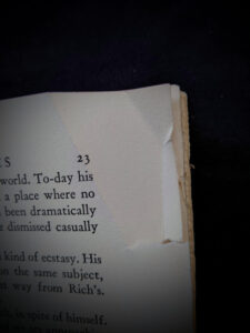 damage to page 23 inside a 1940 copy of To the Indies by C.S. Forester - First Canadian Edition - published by S.J. Reginald Saunders